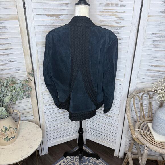 COLDWATER CREEK VINTAGE Women's XL Suede Leather Crochet Knit Trim Jacket Black - Picture 5 of 16